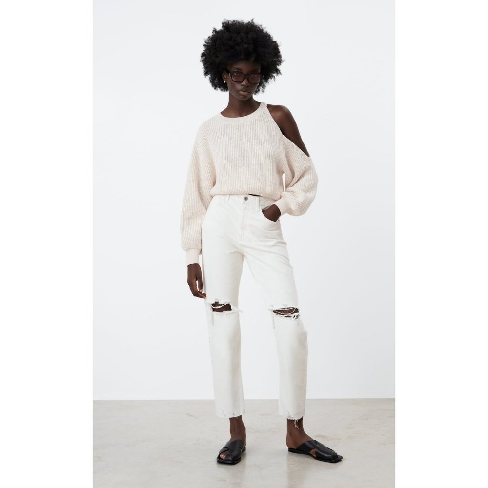 Zara Z1975 ripped mom fit jeans white